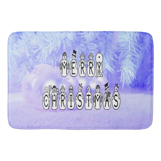 Merry Christmas Snow People Font, Blue Tint Snow Bath Mat (Front)