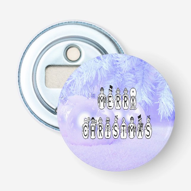 Merry Christmas Snow People Font, Blue Tint Snow Bottle Opener (Front)