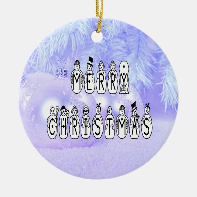 Merry Christmas Snow People Font, Blue Tint Snow Ceramic Tree Decoration (Front)