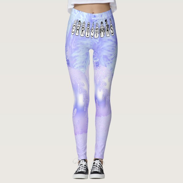 Merry Christmas Snow People Font, Blue Tint Snow Leggings (Front)