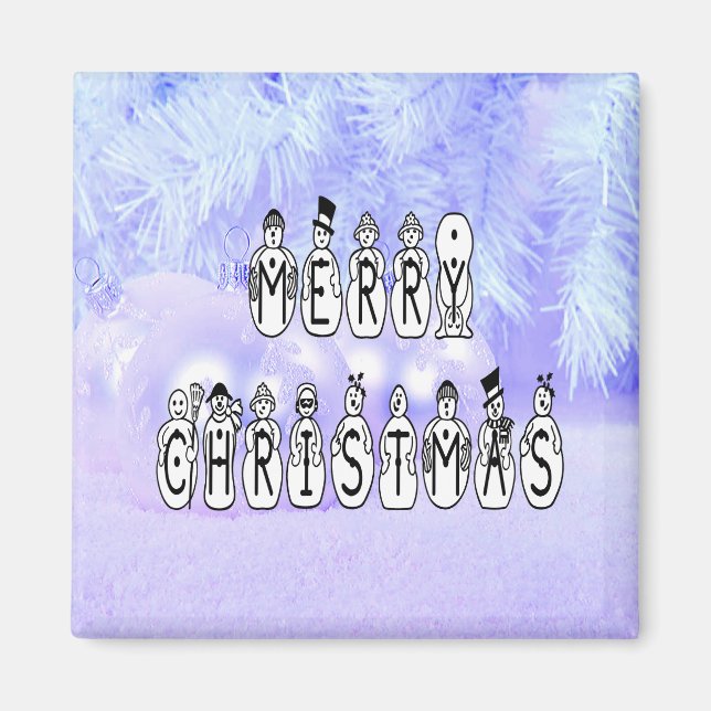 Merry Christmas Snow People Font, Blue Tint Snow Magnet (Front)