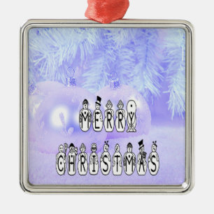 Merry Christmas Snow People Font, Blue Tint Snow Metal Tree Decoration