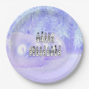 Merry Christmas Snow People Font, Blue Tint Snow Paper Plate