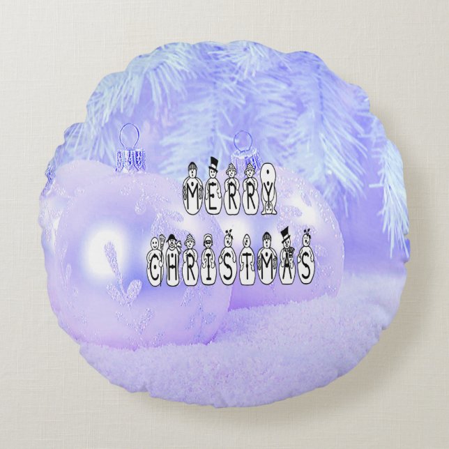 Merry Christmas Snow People Font, Blue Tint Snow Round Cushion (Front)
