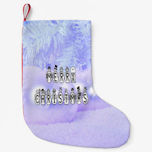 Merry Christmas Snow People Font, Blue Tint Snow Small Christmas Stocking
