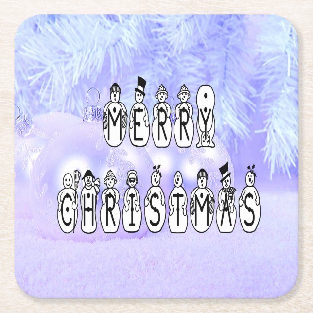 Merry Christmas Snow People Font, Blue Tint Snow Square Paper Coaster (Front)