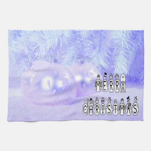 Merry Christmas Snow People Font, Blue Tint Snow Tea Towel (Horizontal)