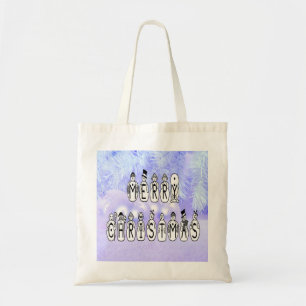 Merry Christmas Snow People Font, Blue Tint Snow Tote Bag