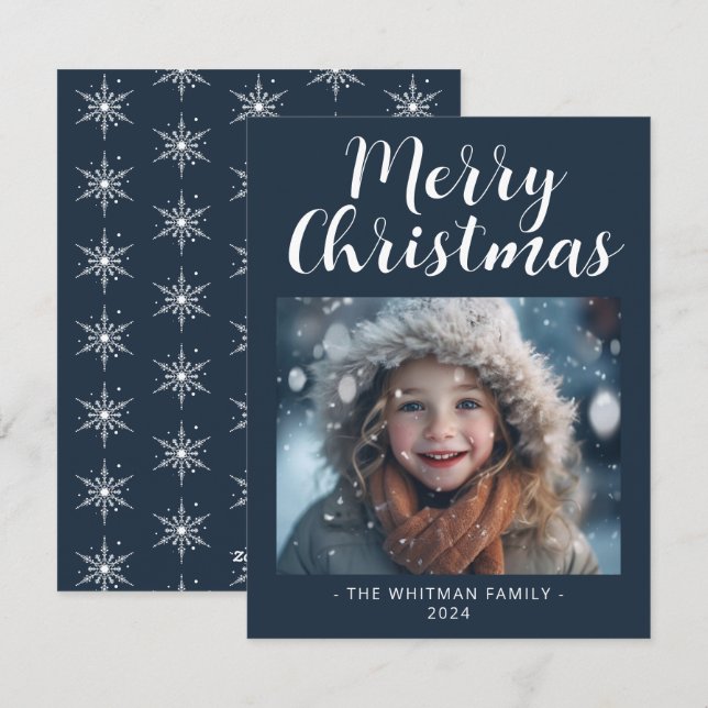 Merry Christmas Snow Photo Modern Holiday Card (Front/Back)