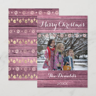Merry Christmas Snow Pink Grey Wood Photo Cottage Invitation