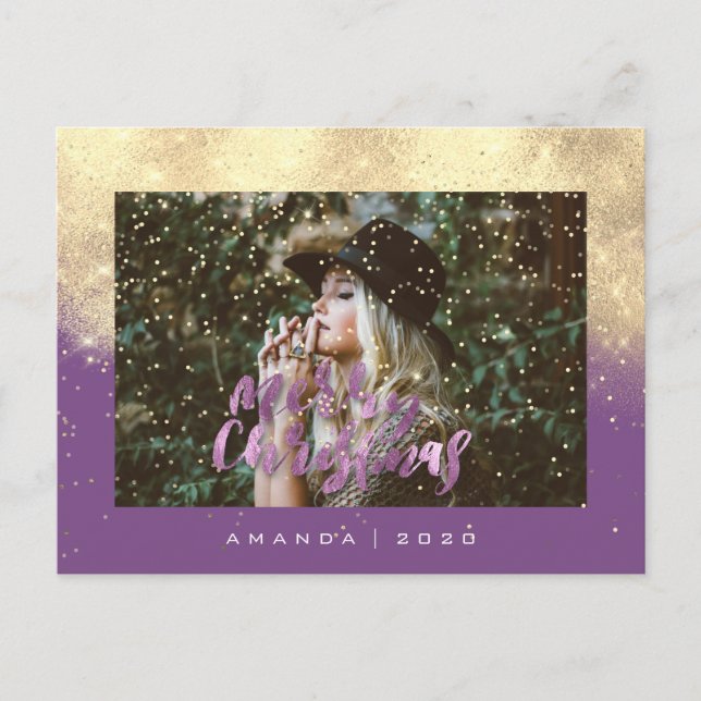Merry Christmas Snow Purple Gold Photo Glitter Postcard (Front)