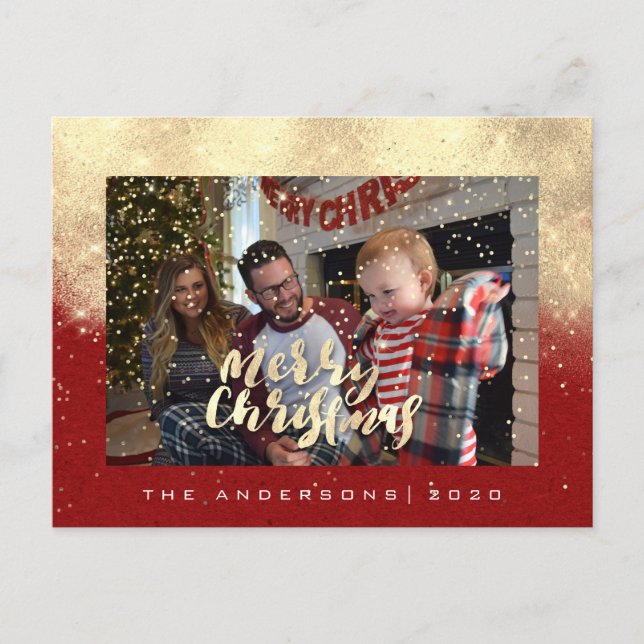Merry Christmas Snow Red Gold Photo Glitter Spark Postcard (Front)