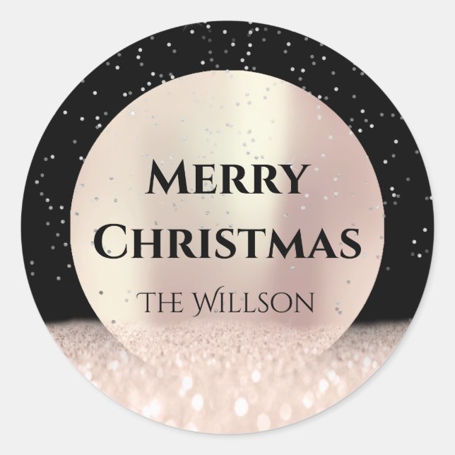 Merry Christmas Snow Rose Glitter Black Confetti Classic Round Sticker (Front)