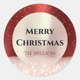 Merry Christmas Snow Rose Glitter Burgundy Red Classic Round Sticker
