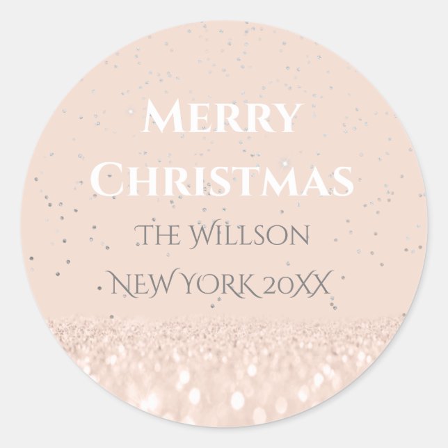 Merry Christmas Snow Rose Glitter Classy Confetti Classic Round Sticker (Front)