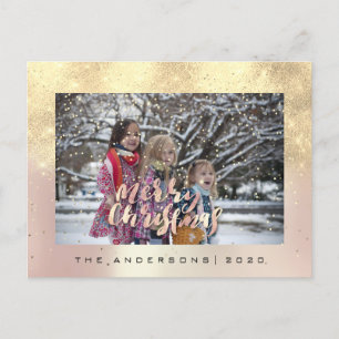 Merry Christmas Snow Rose Gold Photo Glitter Postcard