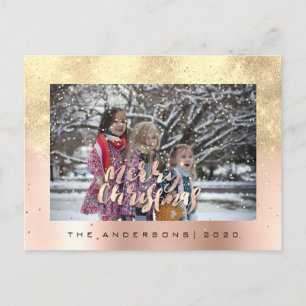 Merry Christmas Snow Rose Gold Photo Glitter Spark Postcard