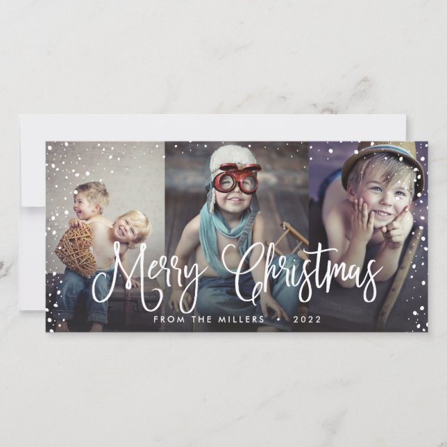 Merry Christmas Snow Seamless 3-Photo Holiday Card (Front)