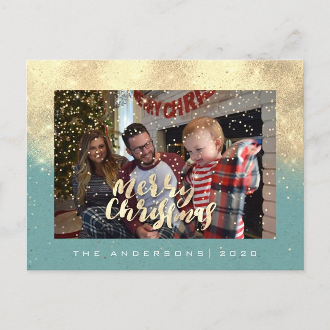 Merry Christmas Snow Teal Gold Photo Glitter Spark Postcard (Front)