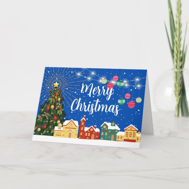 Merry Christmas Snow Village and Decorated Tree Holiday Card (Front)