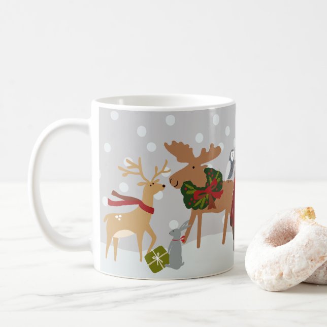 Merry Christmas Snow Woodland Animals Personalised Coffee Mug (With Donut)