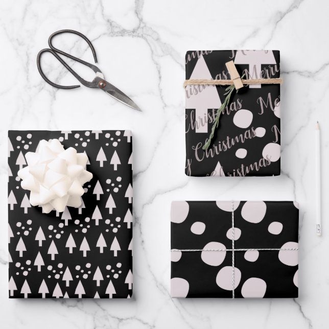 Merry Christmas Snowballs Trees Black Pink Pattern Wrapping Paper Sheet (Front)