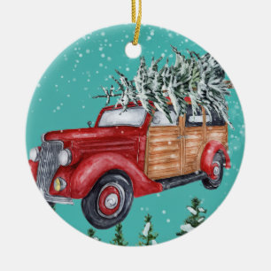 Merry Christmas Snowfall Tree Van Ceramic Ornament