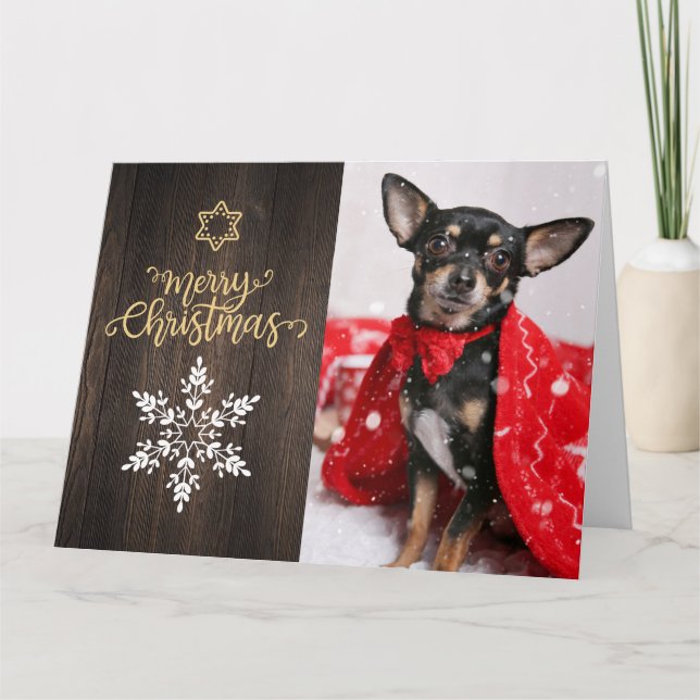 Merry Christmas Snowflake and Wood Dog Photo Card (Front)