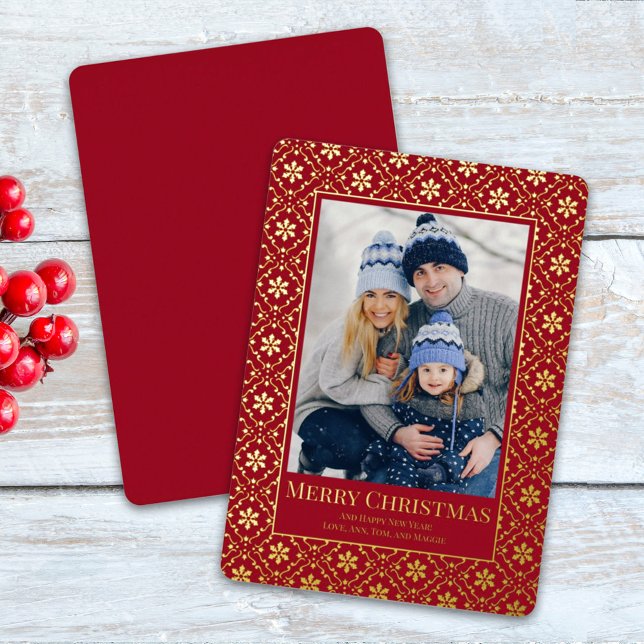 Merry Christmas Snowflake Elegant Red 1 Photo Foil Holiday Card (Creator Uploaded)