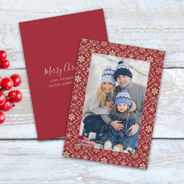 Merry Christmas Snowflake Elegant Red 1 Photo Holiday Card (Creator Uploaded)
