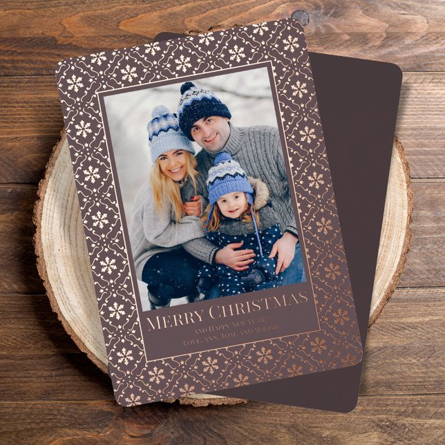 Merry Christmas Snowflake Elegant Rose Gold Photo  Foil Holiday Card (Elegant rose gold and plum photo card with Real Gold Foil. )