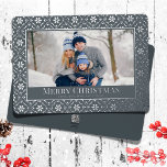 Merry Christmas Snowflake Elegant Silver 1 Photo Foil Holiday Card<br><div class="desc">elegant real gold foil style for holidays and Christmas. This simple Holiday Christmas Photo Card features a full bleed with a white border. A trendy and Modern rustic Merry Christmas greeting on the front side fits 1 Photo. This design features a Christmas holiday silver snowflake winter, family photo 1 one...</div>