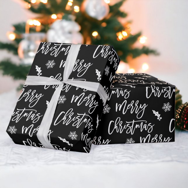 Merry Christmas snowflake mistletoe black pattern Wrapping Paper (Merry Christmas snowflake mistletoe black pattern Wrapping Paper)