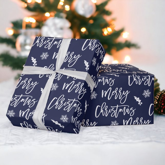 Merry Christmas snowflake mistletoe blue pattern Wrapping Paper (Merry Christmas snowflake mistletoe navy blue pattern Wrapping Paper)