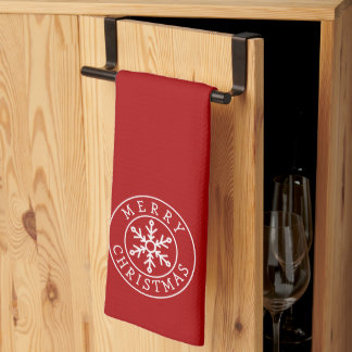 Merry Christmas Snowflake on Bright Red Tea Towel