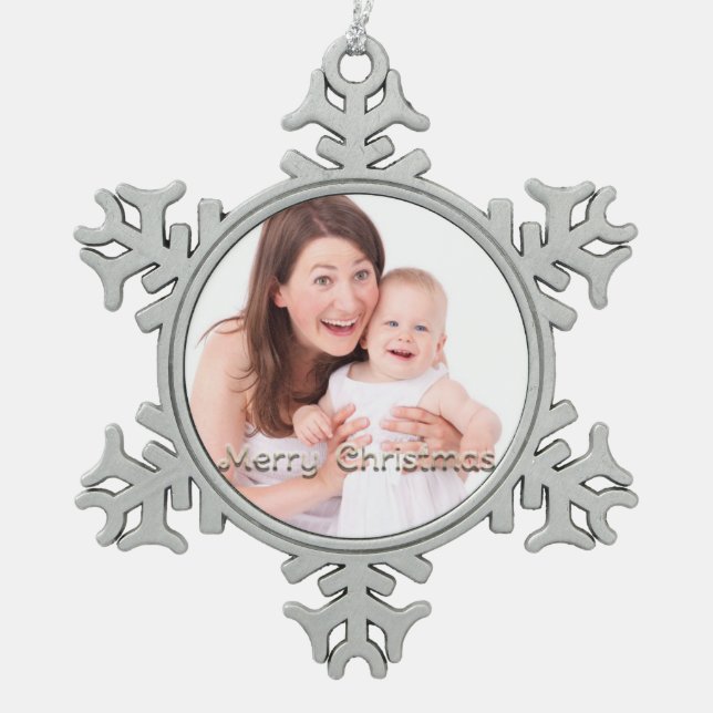 Merry Christmas Snowflake Personalised Photo Snowflake Pewter Christmas Ornament (Front)