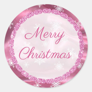 Merry Christmas Snowflake Pink Satin Stickers