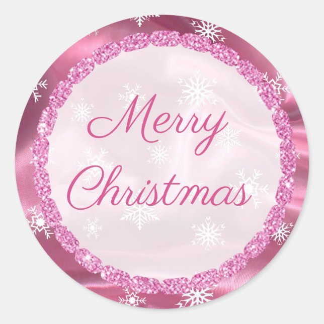 Merry Christmas Snowflake Pink Satin Stickers (Front)
