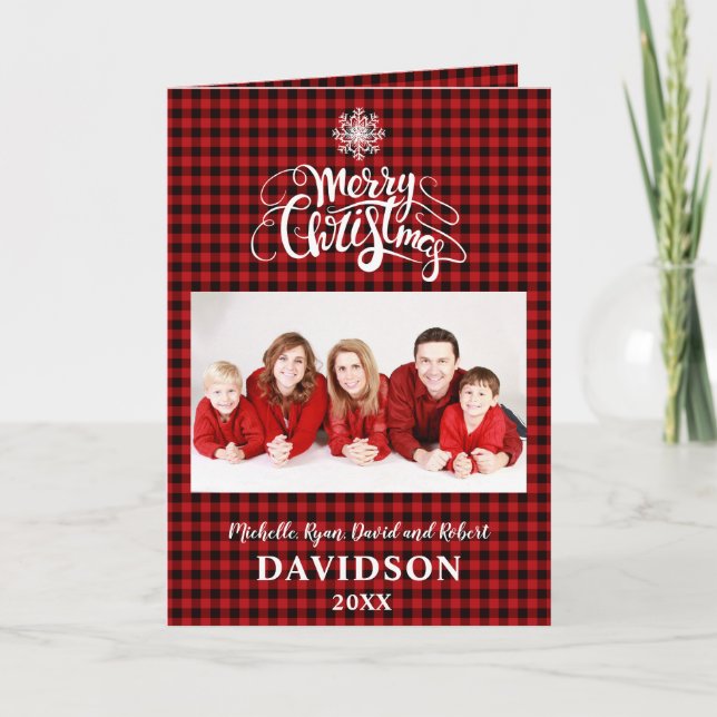 Merry Christmas Snowflake Red Buffalo Photo Holiday Card (Front)