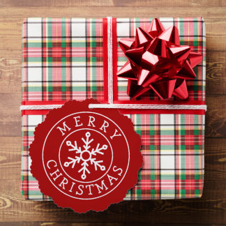 Merry Christmas Snowflake Tag on Bright Red Tree Decoration Card