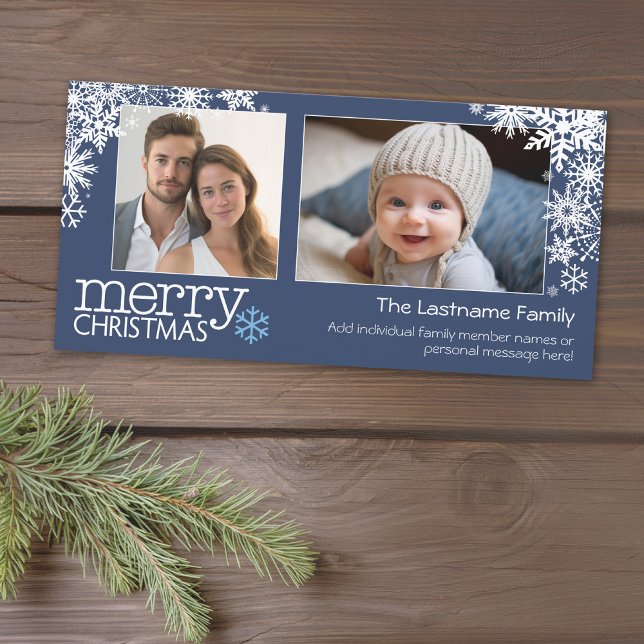 Merry Christmas Snowflakes - 2 photos - horizontal Holiday Card (Add 2 photos to this classic photo card that can be printed or sent out to friends and family.)
