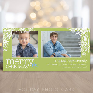 Merry Christmas Snowflakes - 2 photos - lime green Holiday Card