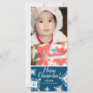 Merry Christmas SnowFlakes Baby Photo Blue Holiday Card