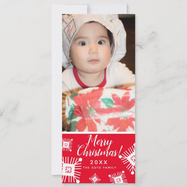 Merry Christmas SnowFlakes Baby Photo Red Holiday Card (Front)
