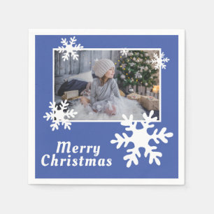 Merry Christmas Snowflakes Blue Family Photo  Napkin