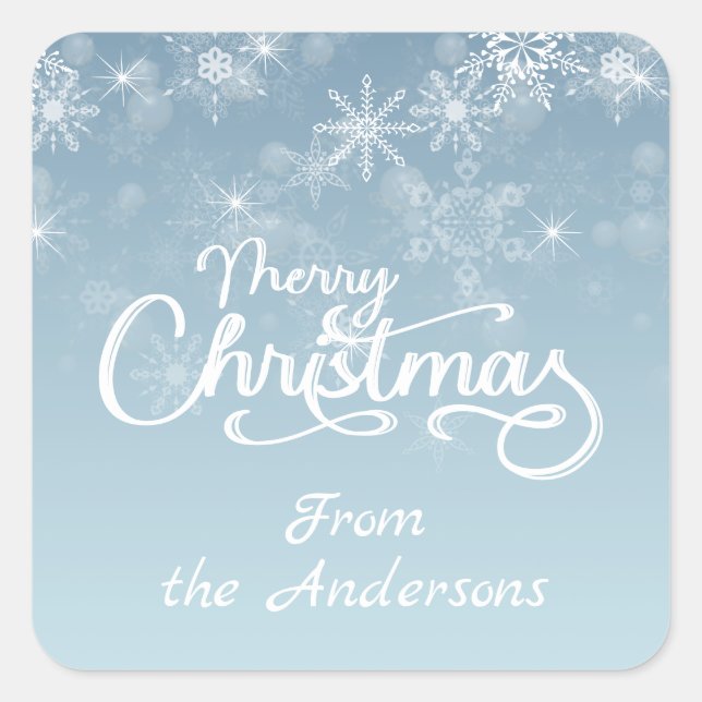 Merry Christmas Snowflakes Blue Greeting Holiday Square Sticker (Front)