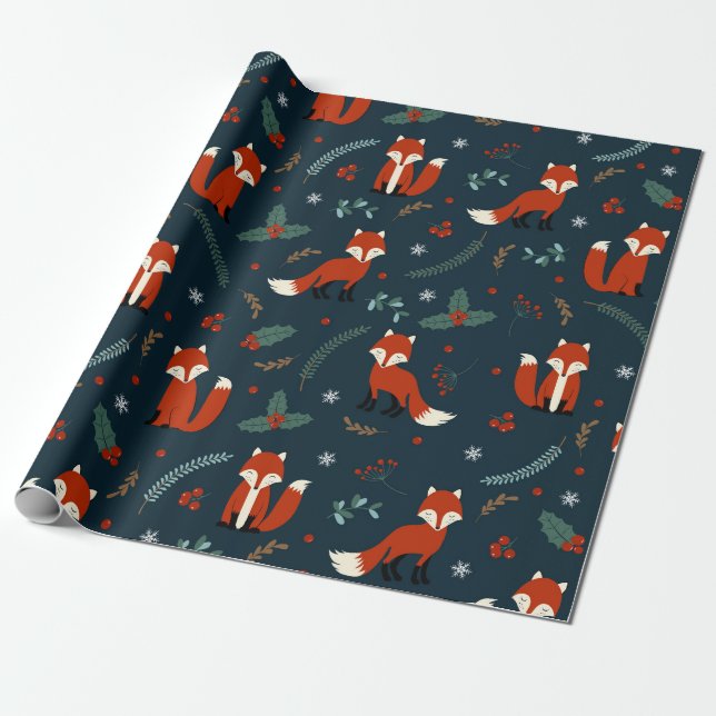 Merry Christmas snowflakes Fox Holly Blue Red  Wrapping Paper (Unrolled)