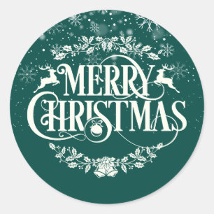 Merry Christmas Snowflakes Green Classic Round Sticker
