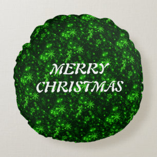 Merry Christmas Snowflakes Green Round Cushion