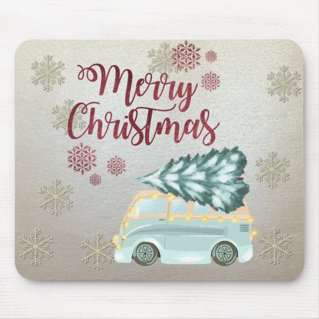 Merry Christmas,Snowflakes,Green Truck Pine Tree  Mouse Mat (Front)
